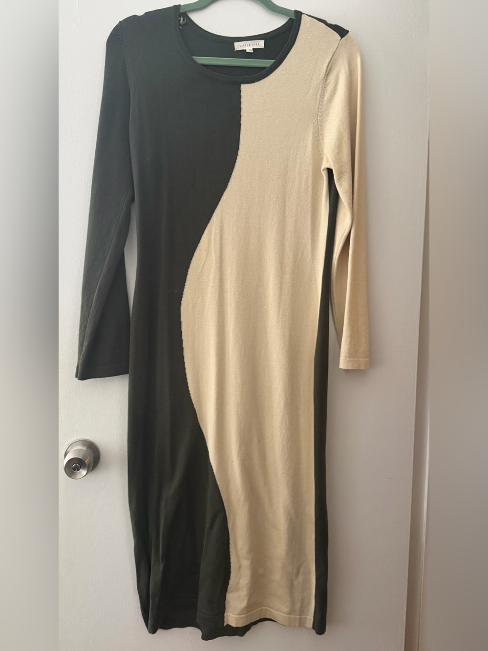 Beige and Black Long Sleeve Colorblock Bodycon Dress
